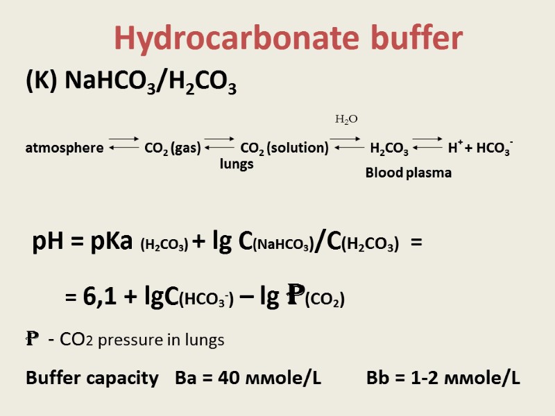 Hydrocarbonate buffer (K) NaHCO3/H2CO3          
